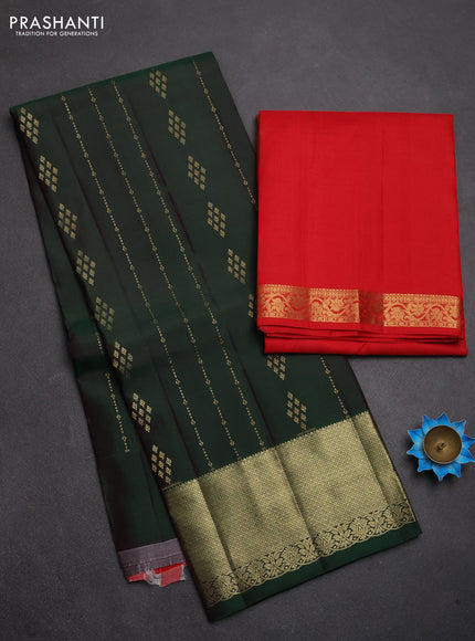Pure kanchipuram silk lehenga dhawani bottle green and red with allover zari weaves and rich zari woven border