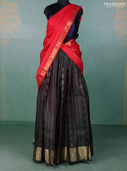 Pure kanchipuram silk lehenga dhawani bottle green and red with allover zari weaves and rich zari woven border
