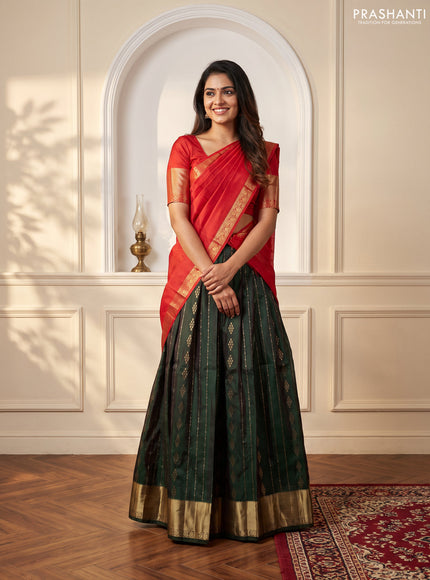 Pure kanchipuram silk lehenga dhawani bottle green and red with allover zari weaves and rich zari woven border