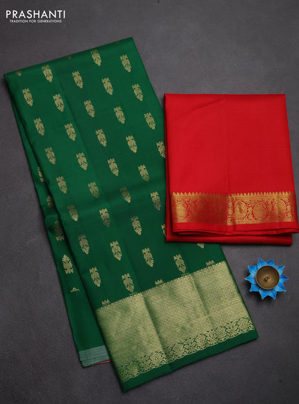 Pure kanchipuram silk lehenga dhawani green and red with allover zari woven buttas and rich zari woven border