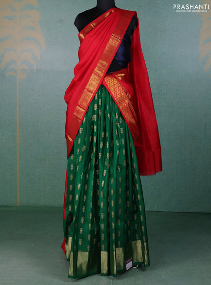 Pure kanchipuram silk lehenga dhawani green and red with allover zari woven buttas and rich zari woven border