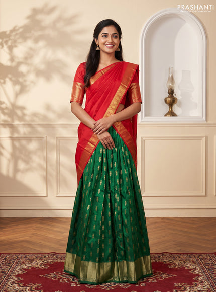 Pure kanchipuram silk lehenga dhawani green and red with allover zari woven buttas and rich zari woven border