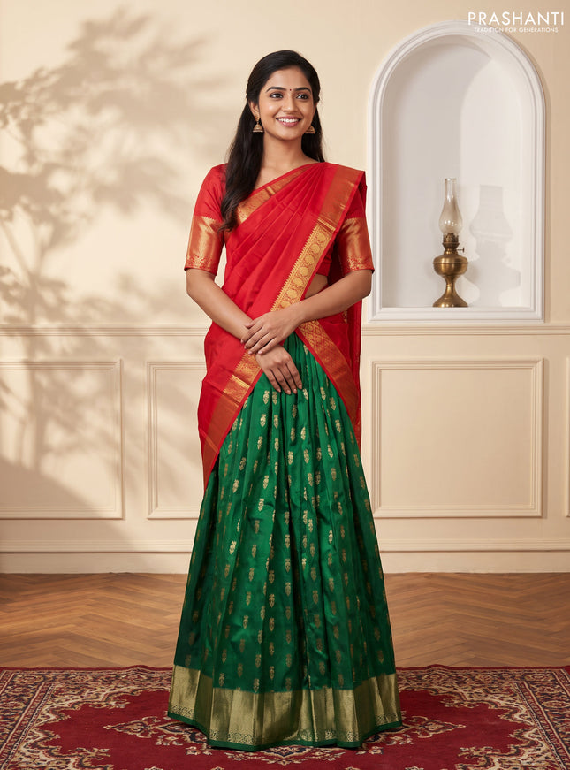Pure kanchipuram silk lehenga dhawani green and red with allover zari woven buttas and rich zari woven border