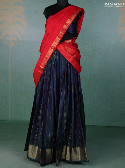 Pure kanchipuram silk lehenga dhawani dual shade of greenish violet and red with allover zari weaves and rich zari woven border