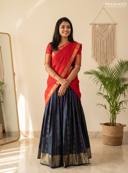 Pure kanchipuram silk lehenga dhawani dual shade of greenish violet and red with allover zari weaves and rich zari woven border