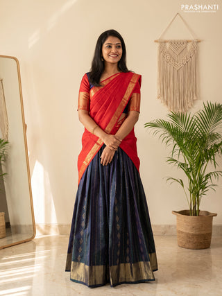 Pure kanchipuram silk lehenga dhawani dual shade of greenish violet and red with allover zari weaves and rich zari woven border