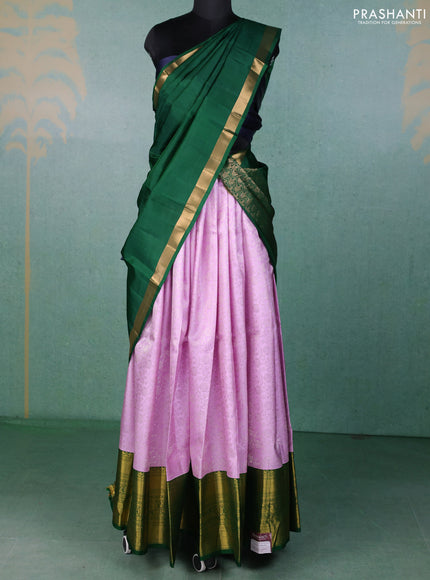 Pure kanchipuram tissue silk lehenga dhawani lavender and green with allover silver zari woven brocade weaves and long rich zari woven border