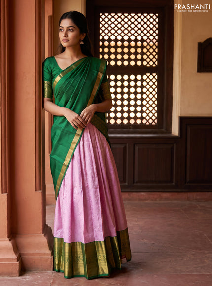 Pure kanchipuram tissue silk lehenga dhawani lavender and green with allover silver zari woven brocade weaves and long rich zari woven border