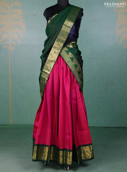 Pure kanchipuram silk lehenga dhawani pink and bottle green with allover checked pattern and rich zari woven border