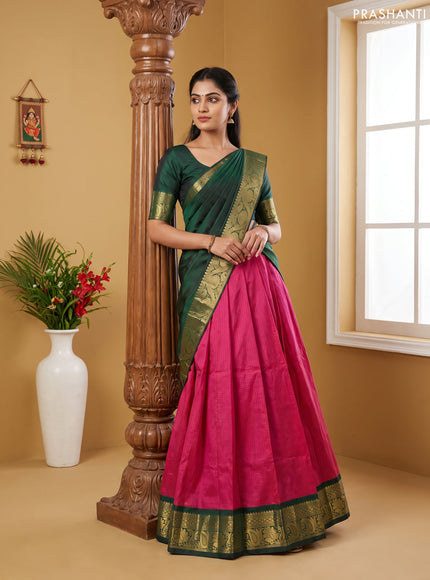 Pure kanchipuram silk lehenga dhawani pink and bottle green with allover checked pattern and rich zari woven border