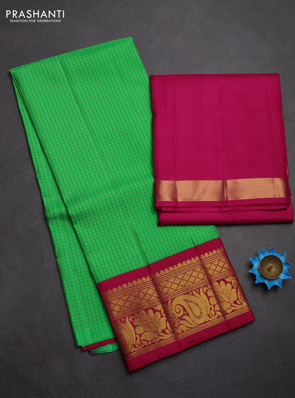 Pure kanchipuram silk lehenga dhawani parrot green and magenta pink with allover checked pattern and rich zari woven border