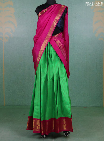 Pure kanchipuram silk lehenga dhawani parrot green and magenta pink with allover checked pattern and rich zari woven border