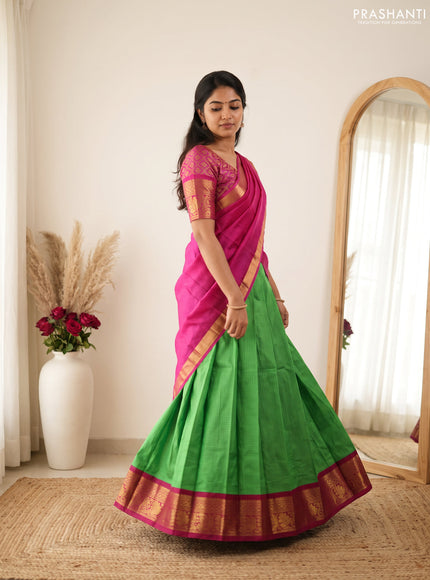 Pure kanchipuram silk lehenga dhawani parrot green and magenta pink with allover checked pattern and rich zari woven border