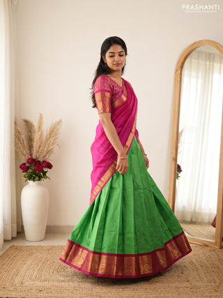 Pure kanchipuram silk lehenga dhawani parrot green and magenta pink with allover checked pattern and rich zari woven border