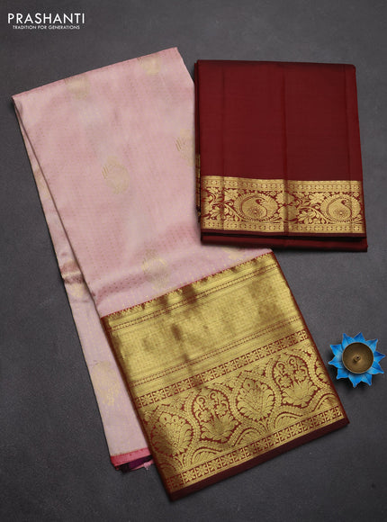 Pure kanchipuram silk lehenga dhawani mild peach and maroon with allover zari woven brocade weaves and long rich zari woven border