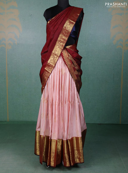 Pure kanchipuram silk lehenga dhawani mild peach and maroon with allover zari woven brocade weaves and long rich zari woven border