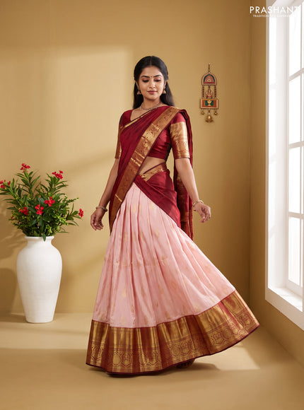 Pure kanchipuram silk lehenga dhawani mild peach and maroon with allover zari woven brocade weaves and long rich zari woven border