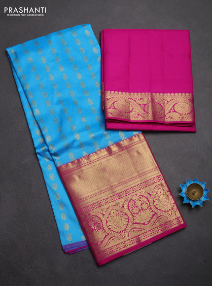 Pure kanchipuram silk lehenga dhawani blue and pink with allover zari woven buttas and long rich zari woven border
