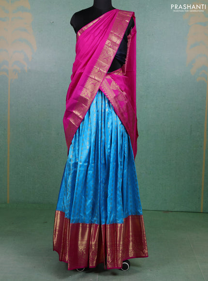 Pure kanchipuram silk lehenga dhawani blue and pink with allover zari woven buttas and long rich zari woven border