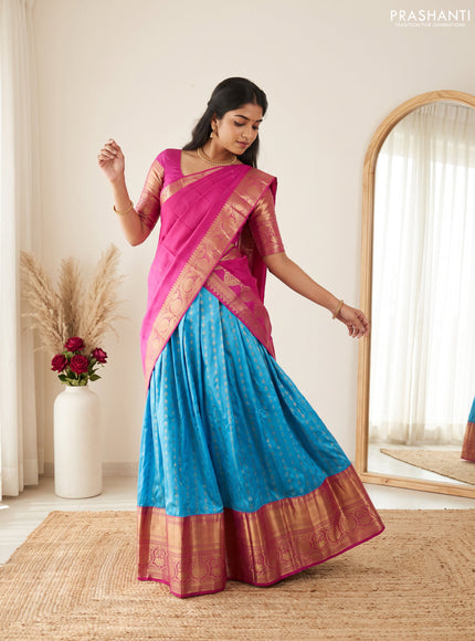 Pure kanchipuram silk lehenga dhawani blue and pink with allover zari woven buttas and long rich zari woven border