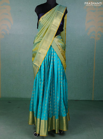 Pure kanchipuram silk lehenga dhawani teal green and dual shade of yellow with allover zari woven buttas and rich zari woven border