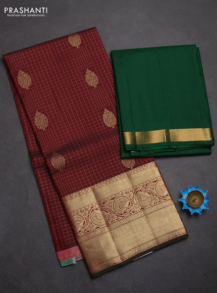 Pure kanchipuram silk lehenga dhawani maroon and dark green with allover zari checks & buttas and long rich zari woven border