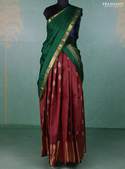 Pure kanchipuram silk lehenga dhawani maroon and dark green with allover zari checks & buttas and long rich zari woven border