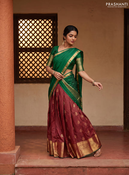 Pure kanchipuram silk lehenga dhawani maroon and dark green with allover zari checks & buttas and long rich zari woven border