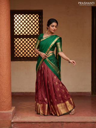 Pure kanchipuram silk lehenga dhawani maroon and dark green with allover zari checks & buttas and long rich zari woven border