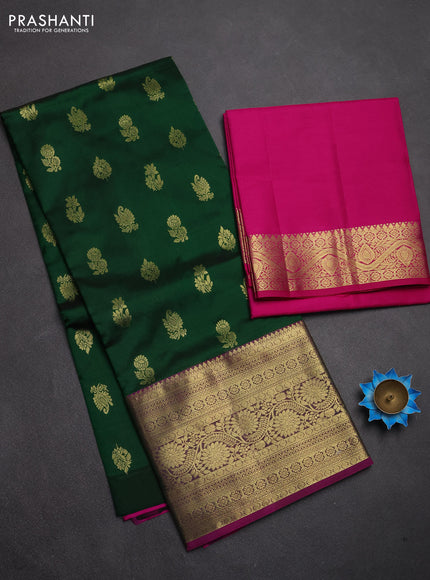 Pure kanchipuram silk lehenga dhawani bottle green and magenta pink with zari woven buttas and zari woven border