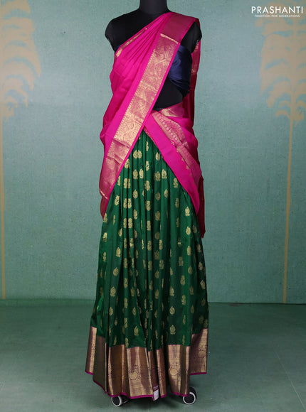 Pure kanchipuram silk lehenga dhawani bottle green and magenta pink with zari woven buttas and zari woven border