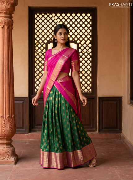 Pure kanchipuram silk lehenga dhawani bottle green and magenta pink with zari woven buttas and zari woven border