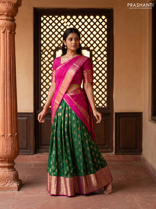 Pure kanchipuram silk lehenga dhawani bottle green and magenta pink with zari woven buttas and zari woven border