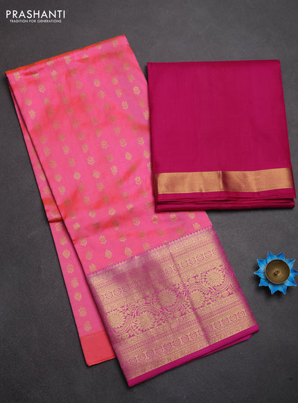 Pure kanchipuram silk lehenga dhawani dual shade of peach and magenta pink with allover zari woven buttas and long rich zari woven border