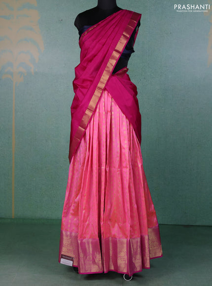Pure kanchipuram silk lehenga dhawani dual shade of peach and magenta pink with allover zari woven buttas and long rich zari woven border
