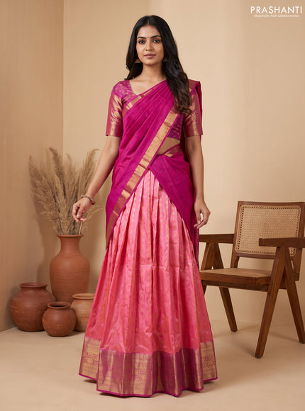 Pure kanchipuram silk lehenga dhawani dual shade of peach and magenta pink with allover zari woven buttas and long rich zari woven border