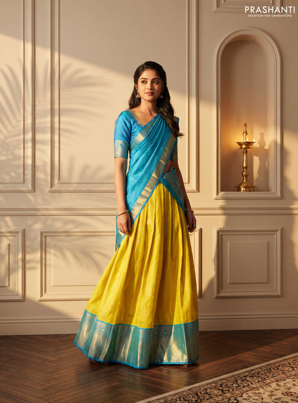 Pure kanchipuram silk lehenga dhawani lime yellow and teal blue with allover zari checks & buttas and rich zari woven border