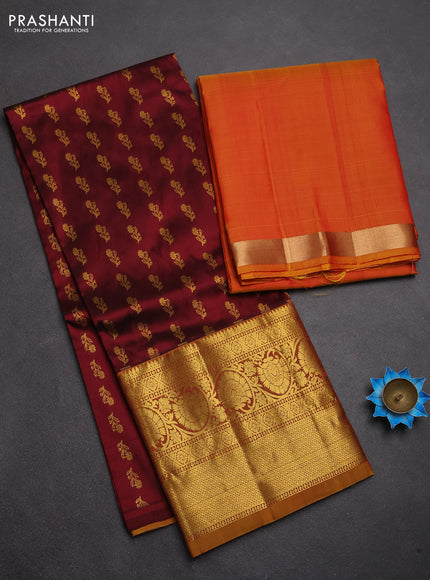 Pure kanchipuram silk lehenga dhawani maroon and sunset orange with allover zari woven buttas and long rich zari woven border