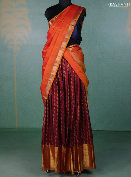 Pure kanchipuram silk lehenga dhawani maroon and sunset orange with allover zari woven buttas and long rich zari woven border