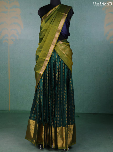 Pure kanchipuram silk lehenga dhawani dark green and mehendi green with allover zari woven buttas and long rich zari woven border