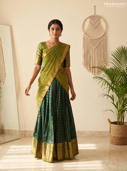 Pure kanchipuram silk lehenga dhawani dark green and mehendi green with allover zari woven buttas and long rich zari woven border