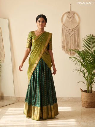 Pure kanchipuram silk lehenga dhawani dark green and mehendi green with allover zari woven buttas and long rich zari woven border