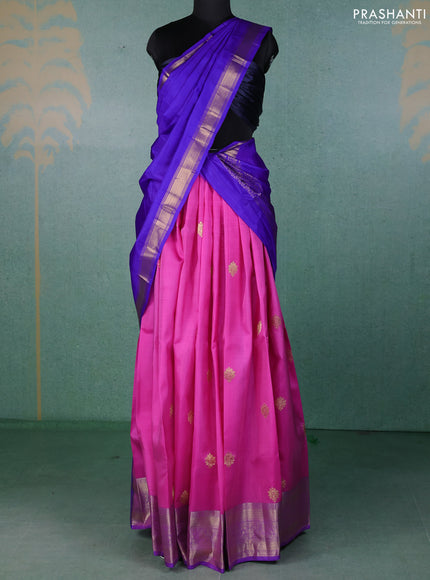 Pure kanchipuram silk lehenga dhawani light pink and violet with zari woven buttas and rich zari woven border
