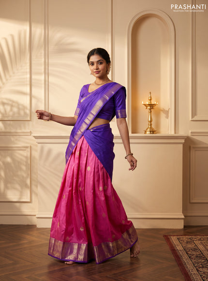 Pure kanchipuram silk lehenga dhawani light pink and violet with zari woven buttas and rich zari woven border