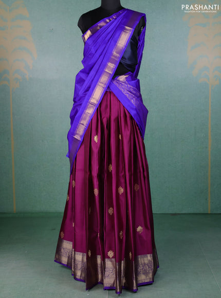 Pure kanchipuram silk lehenga dhawani purple and violet with zari woven buttas and rich zari woven border
