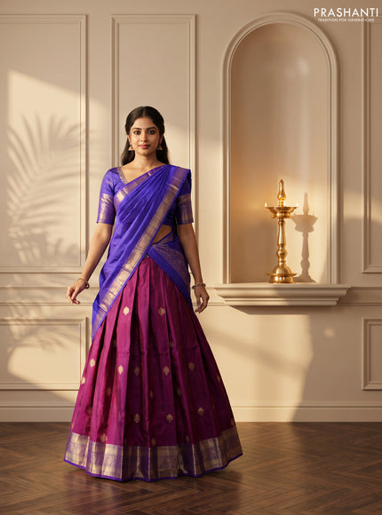 Pure kanchipuram silk lehenga dhawani purple and violet with zari woven buttas and rich zari woven border