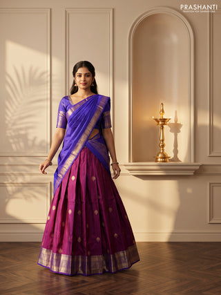 Pure kanchipuram silk lehenga dhawani purple and violet with zari woven buttas and rich zari woven border