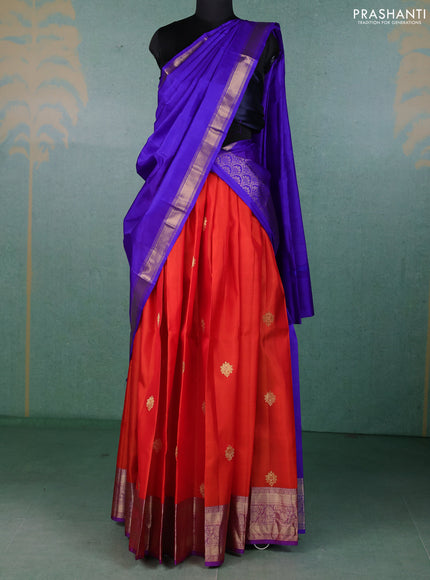 Pure kanchipuram silk lehenga dhawani orange and violet with zari woven buttas and rich zari woven border