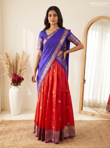 Pure kanchipuram silk lehenga dhawani orange and violet with zari woven buttas and rich zari woven border