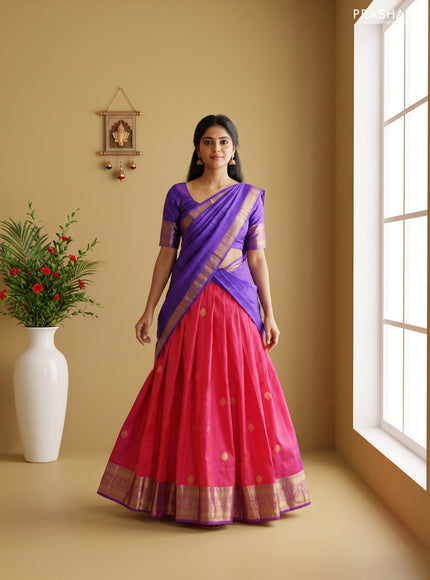 Pure kanchipuram silk lehenga dhawani pink and violet with zari woven buttas and rich zari woven border